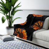 Black sunflower and monarch Sherpa Fleece Blanket