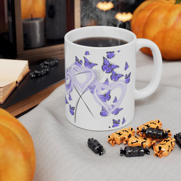 Purple Butterflies and Hearts Ceramic Mug 11oz