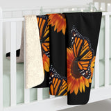 Black sunflower and monarch Sherpa Fleece Blanket