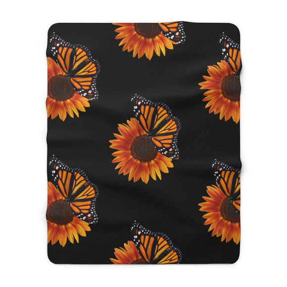 Black sunflower and monarch Sherpa Fleece Blanket