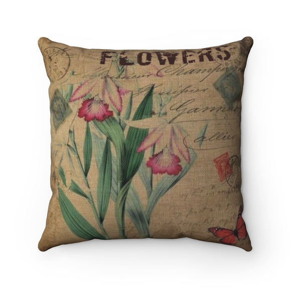 Rustic Floral and Butterfly  Polyester Square Pillow