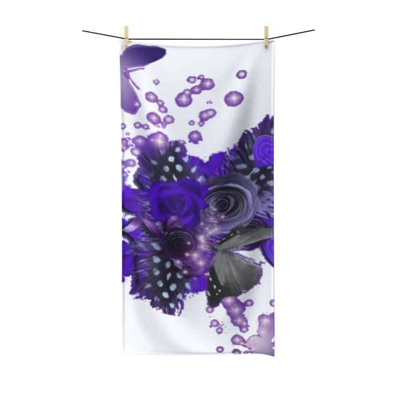 Purple Flower and Butterfly on White Background Polycotton Towel