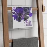 Small Purple Flower and Butterfly on White Towel, 11x18