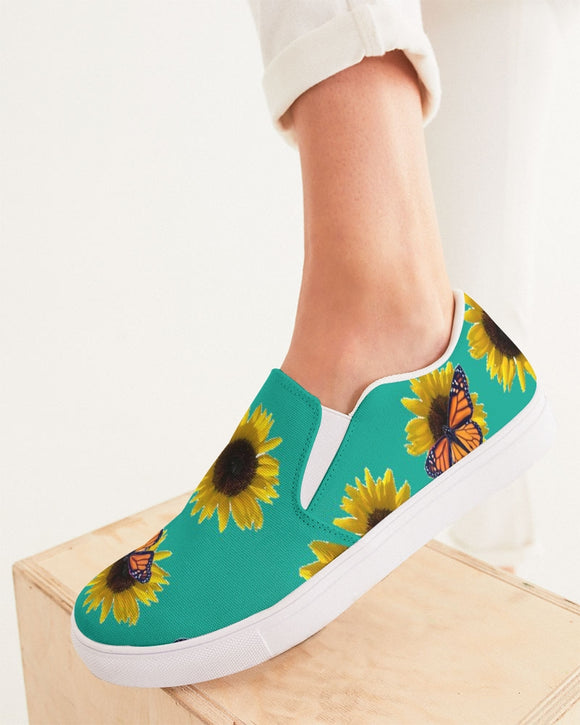 Sunflower and Monarch Green Background Women's Slip-On Canvas Shoe