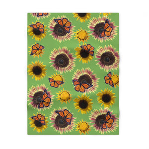 Sunflowers and Monarchs Soft Fleece Blanket (Green)