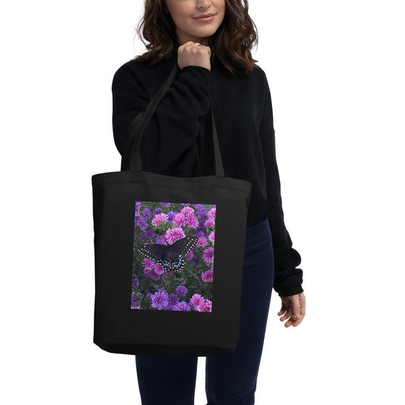 Eco Tote Bag with Eastern Black Swallowtail and purple asters print. - Inspired Passion Productions