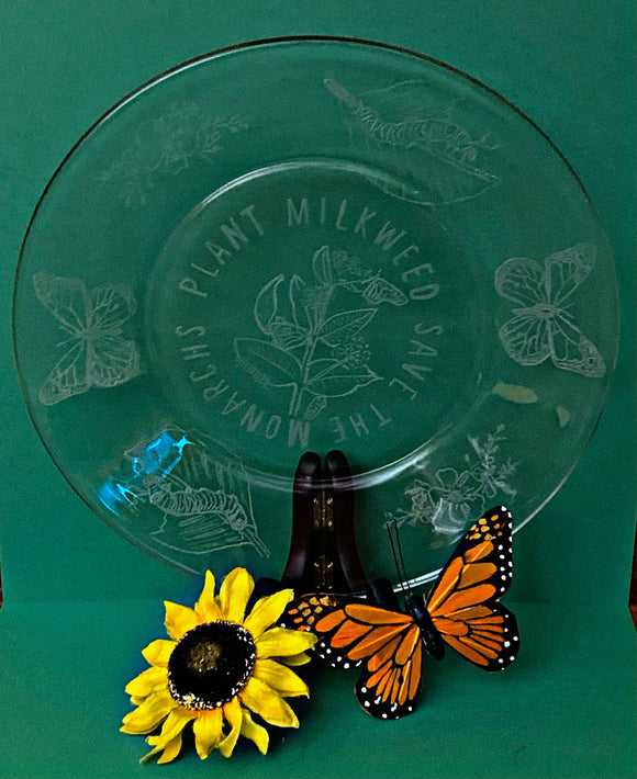 Save the Monarchs etched Glass plate - Inspired Passion Productions