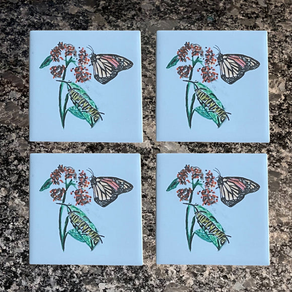 Hand Painted Monarchs and Milkweed Ceramic Coasters