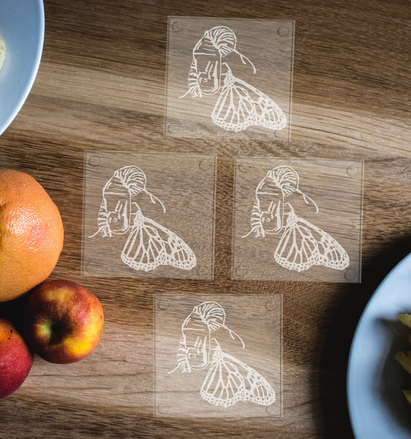 Monarch life cycle Coasters, etched glass