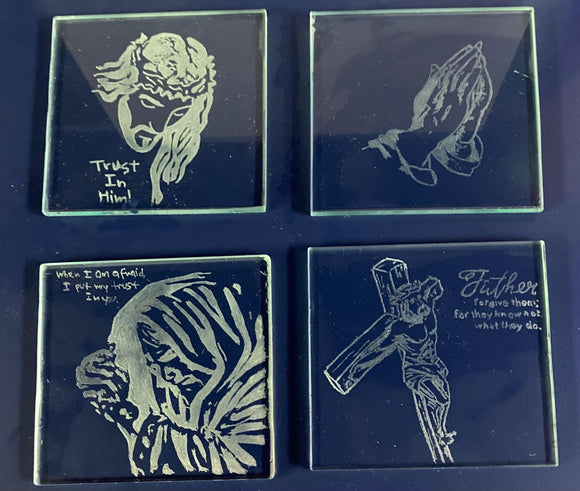 Hand Etched glass Coasters Set of 4 Religious - Inspired Passion Productions