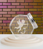 Cupid and Butterfly Side Sitting etched glass Jar