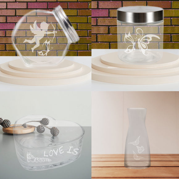Beautiful Etched Glass Containers and Decanter.  Great Valentine and Anniversary Gifts