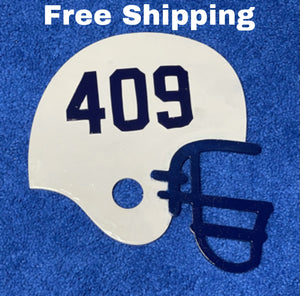 Penn State inspired Football Helmet wall hanging, with Retro Numbers - Inspired Passion Productions