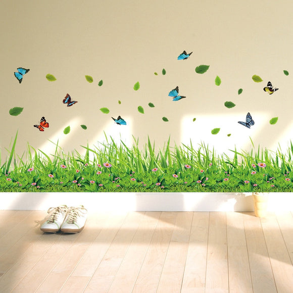 Green Grass Colorful Butterfly Flower Skirting Wall Stickers Living room Bedroom Bathroom Vinyl Decals Art Home Decoration dc23