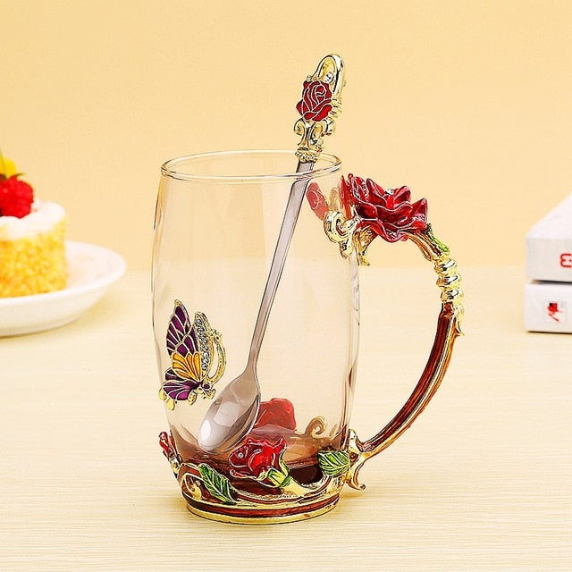 Affogato Glass Teapot with 6 Cups with Strainer, Enamel Rose&Butterfly, Red, Size: One Size