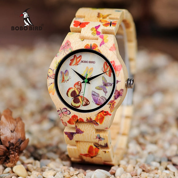Bamboo Band Painting Butterfly Quartz Watches in Wooden Gift Box
