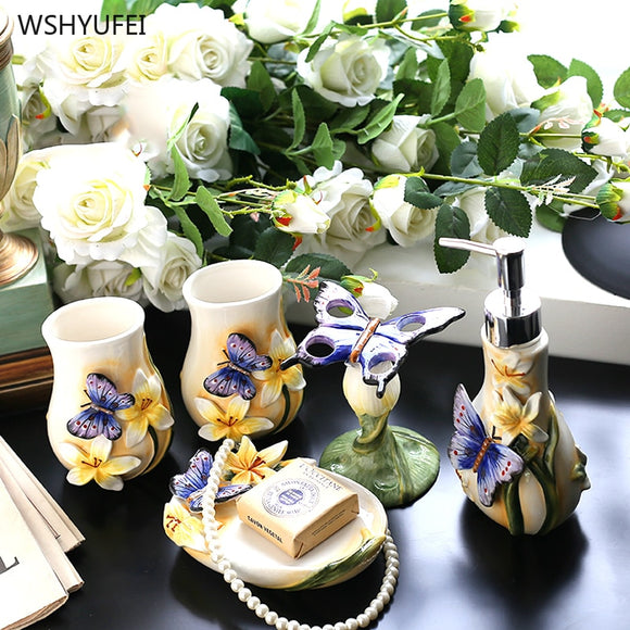 5Pcs European stereo butterfly flower ceramic bathroom wash kit mouth cup toothbrush holder soap bottle soap dish home wash set