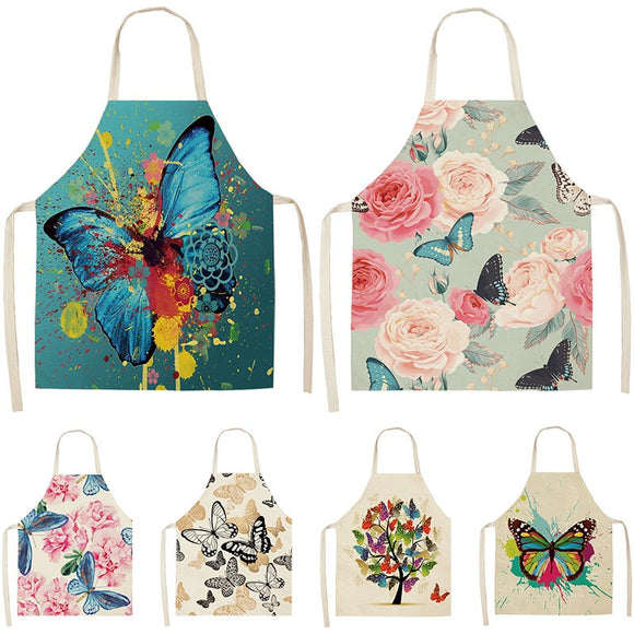 Butterfly Printed Pattern Kitchen Aprons Cotton Linen 53*65cm For Women Home Cooking Cleaning Baking Waist Bibs Pinafore A1016