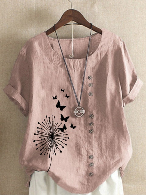 Women 's Summer Dandelion Butterfly Printed Short Sleeve Round Neck T-shirt Ladies Casual Linen Shirts Plus Size  Tops