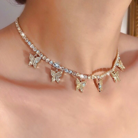 Shiny Rhinestone Butterfly Pendant Necklace