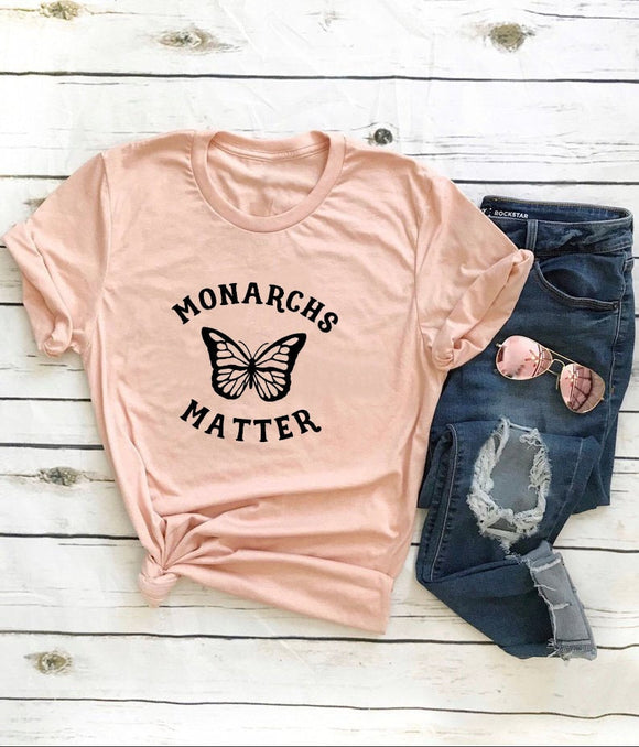 Women Monarchs Butterfly Short Sleeve Floral Tee  Top Casual  Peach T-Shirt - Monarchs Matter